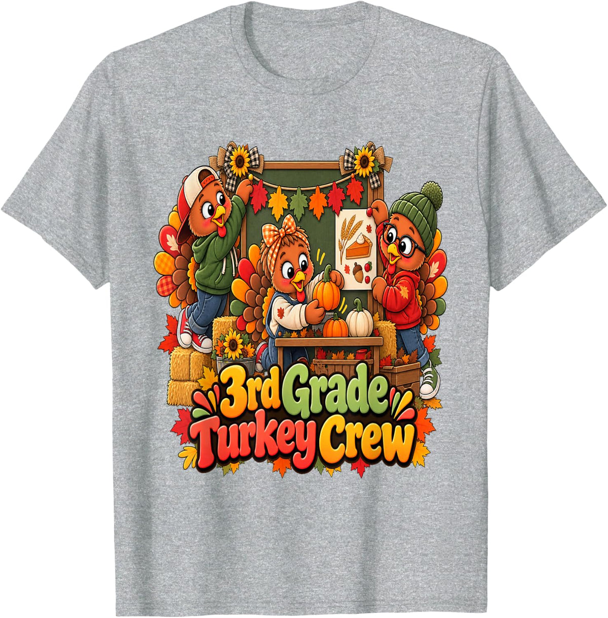 School Third Grade Thanksgiving 3rd Grade Turkey Crew T-Shirt - Heather Grey