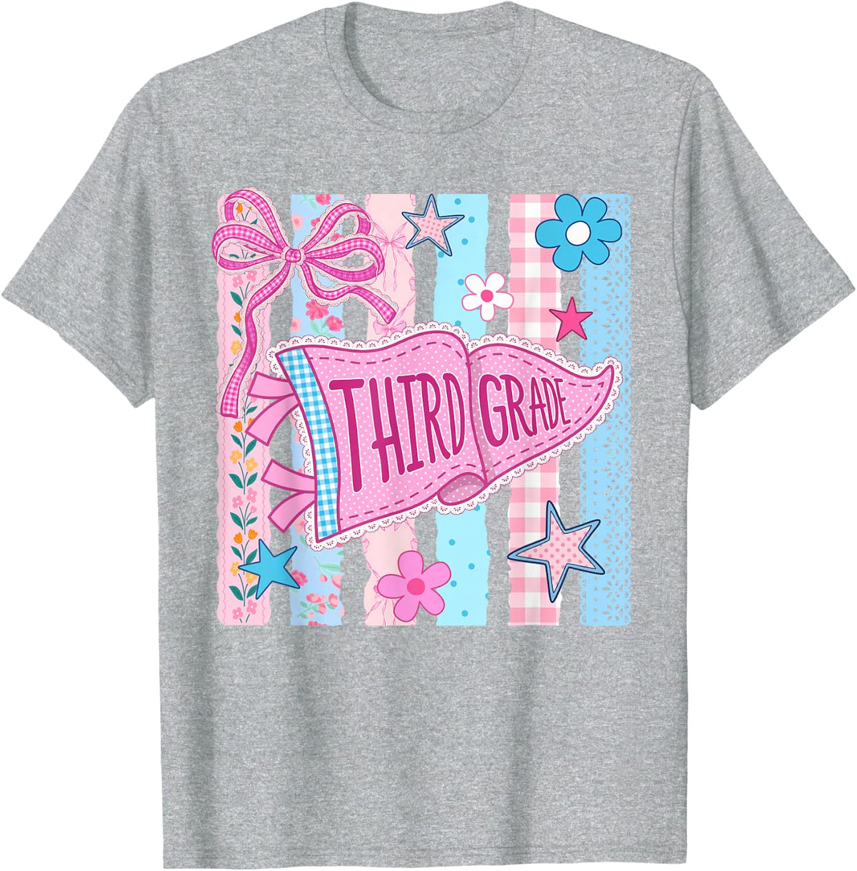 Third Grade Shirt 3rd Grade T-Shirt Striped Floral Pennant Flag Back to School Tee for Students Teachers - Heather Grey