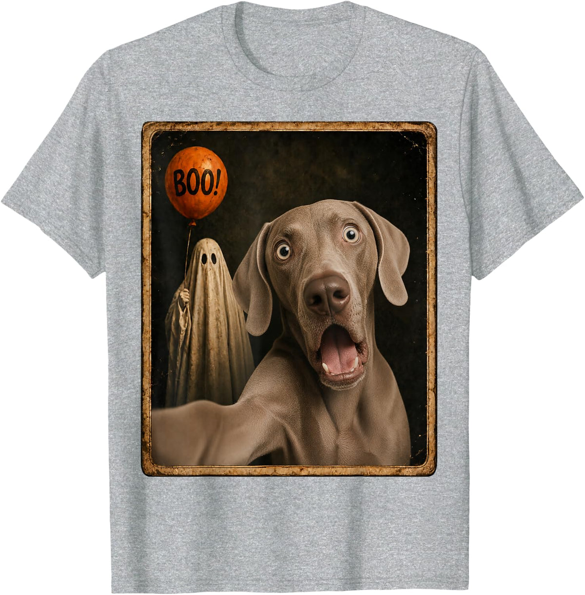 Weimaraner Halloween Ghost Selfie Boo Dog Meme Graphic T-Shirt - Heather Grey