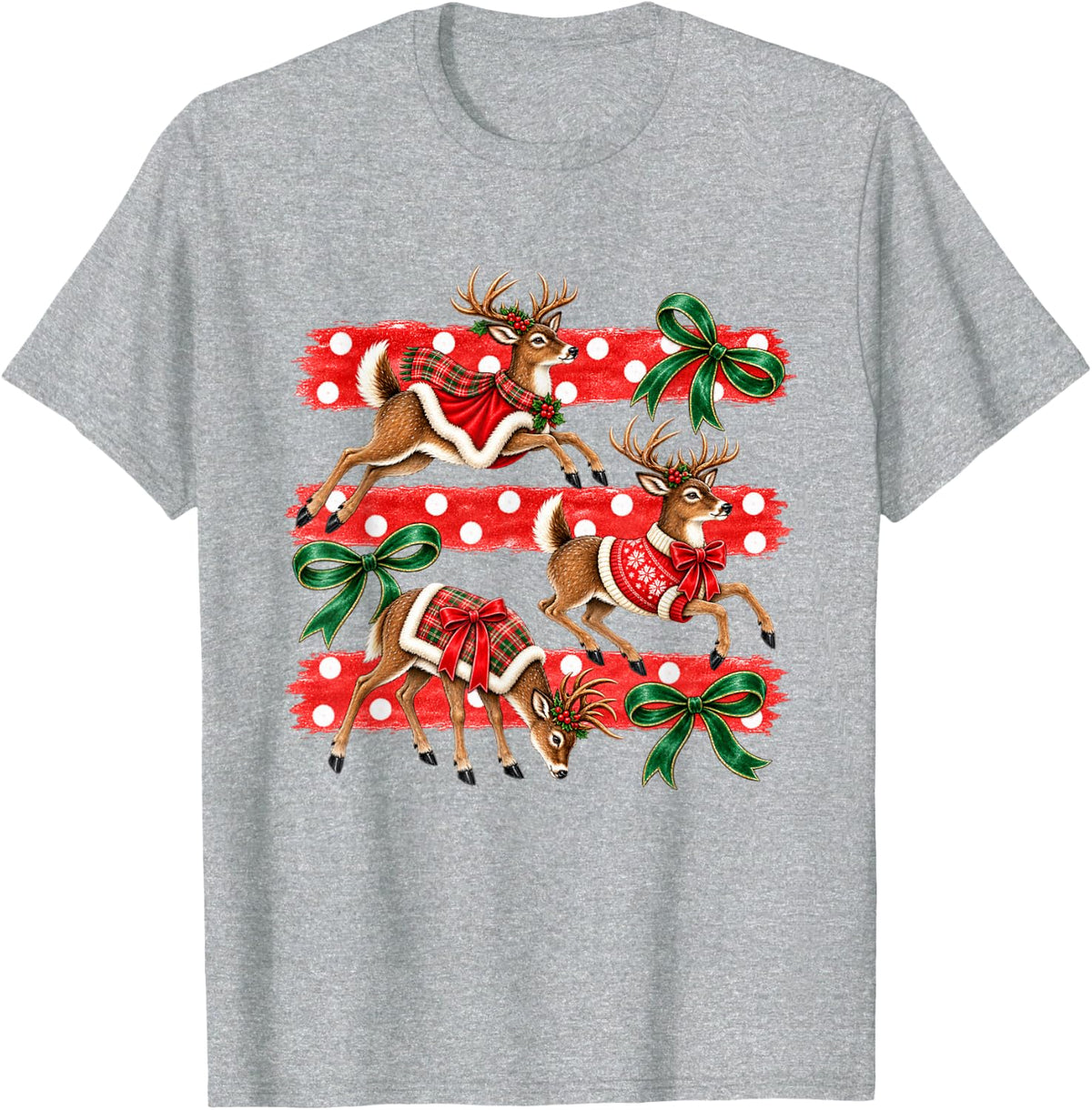 Christmas Reindeer Plaid Bows Polka Dot Holiday Xmas T-Shirt - Heather Grey