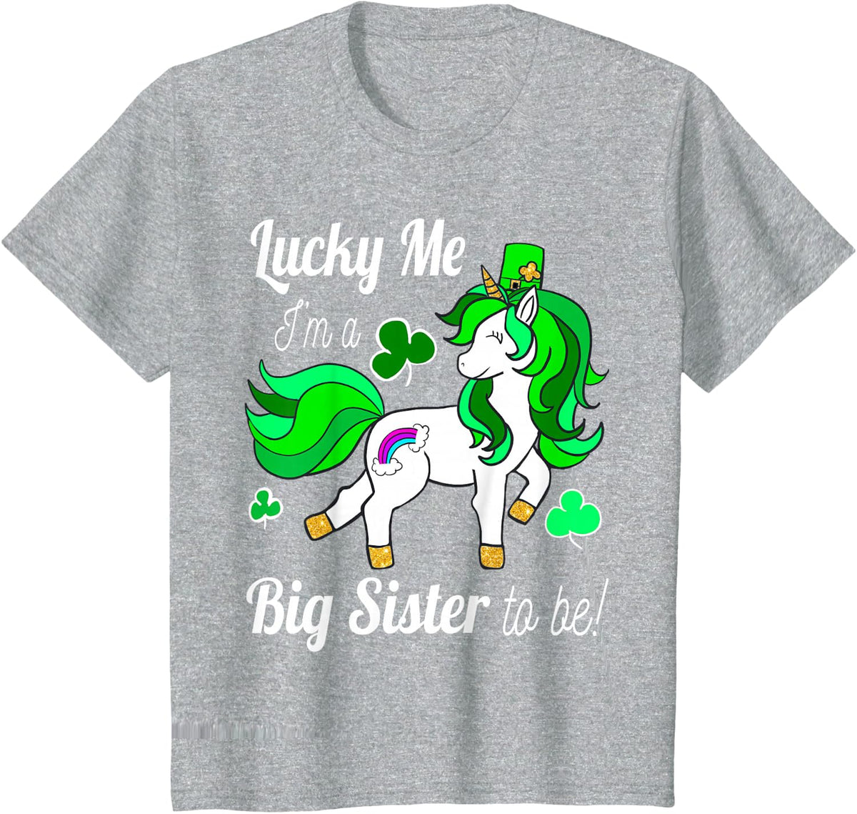 Kids Lucky Me I'm a Big Sister To Be! St Pattys Day Unicorn T-Shirt - Heather Grey